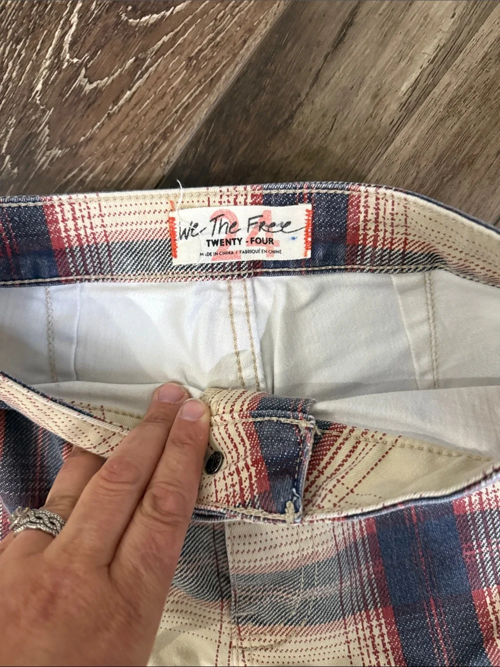 We The Free Plaid Flare Pants in Cream, Navy & Red - Picture 2 of 3